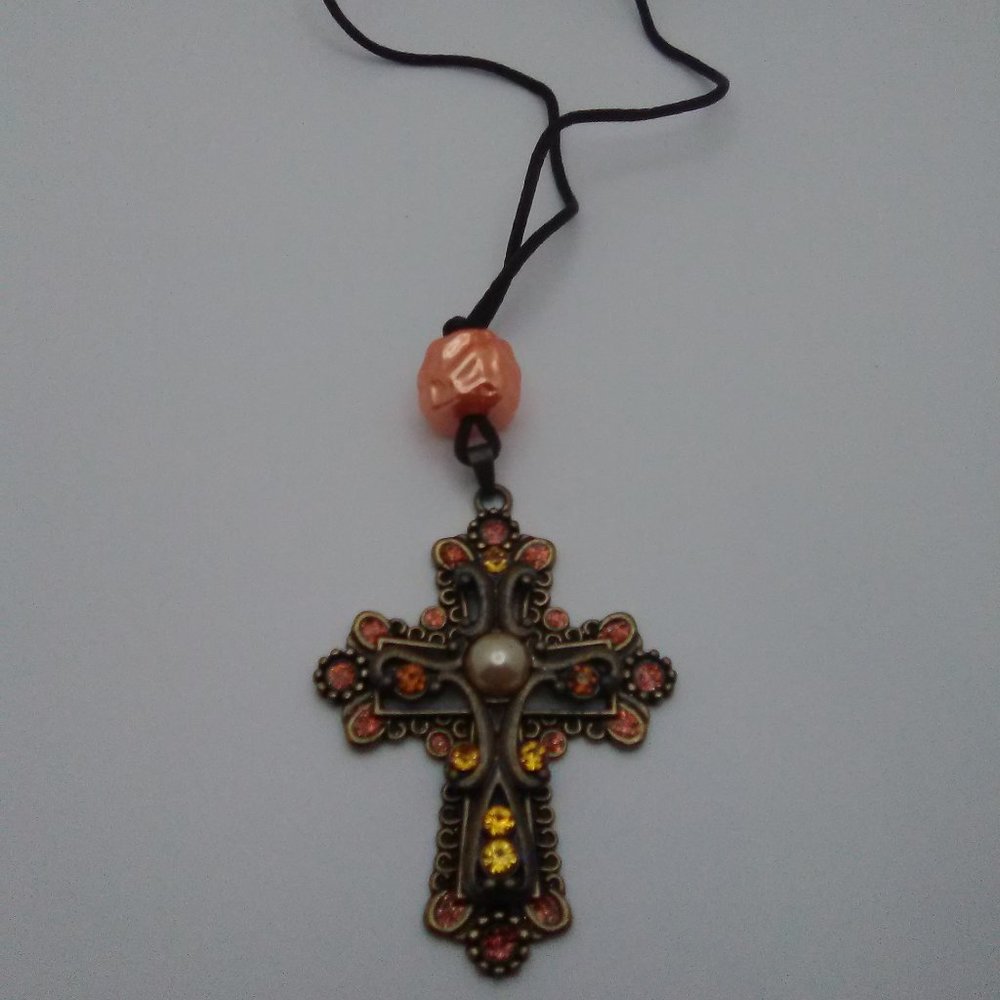 Orange and Bronze Color Cross  on Brown Silky Cord